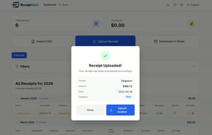 Upload a receipt photo and ReceiptDash automatically extracts the vendor, amount, date, and category.
