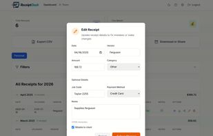 Edit receipt details like vendor, amount, category, job code, and notes to keep your records accurate.
