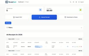 ReceiptDash dashboard showing organized receipts with vendor, amount, category, and job code tracking.