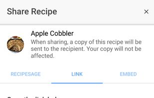 The share recipe page (send recipes to others via link)