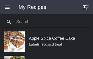 Example of what the my recipes page looks like when you've added your recipes in dark mode