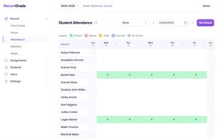 Daily attendance for the selected year—statuses roll into report cards and permanent records when enabled.