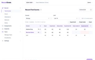 The gradebook is the heart of RecordGrade—fast score entry for a whole class, with units that feed report cards and transcripts.