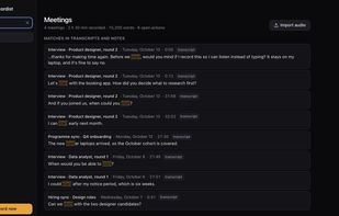 Search finds a sentence across every meeting. Staged example meetings.