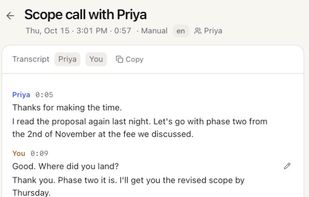 Every line of the transcript, with the time it was said. A staged call; the people are made up.