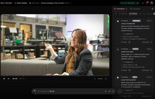 AI quality control in its own tab. Each finding is timecoded, graded error / warning / info and comes with concrete fixes - here an audio peak at -1.2 dB flagged as a clipping risk, a jump cut, and a lower third left on screen too briefly to read.