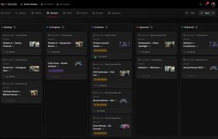 Kanban board with custom columns. Every card shows the client and project, the video code and version, who is blocking it (client or internal review) and the hours tracked against it. The same tasks are also available as a table, a video grid, metrics and a shooting schedule.