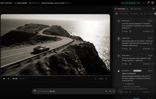 Review player: comments are pinned to the exact timecode and marked on the timeline, and AI findings land in the same thread as the human notes. Replies can be text, voice, video or a screen recording, and the header timer tracks time against the task.