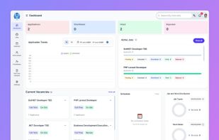 Get a complete overview of your hiring pipeline from one intelligent dashboard. Track active jobs, applicants, interview status, hiring progress, recruitment analytics, and upcoming schedules in real time.