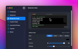 Redaction styles in Settings: Solid, Erase, Blur and Mosaic, with color, corners and padding
