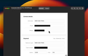 A screenshot of a checkout page with the email, phone and card number blacked out