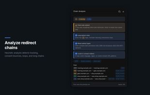 Chain analysis drawer open — heuristic issues detected: tracking noise, consent bounces, mixed redirect types