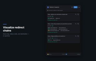 Redirect Inspector — see every hop in real time, side panel with HTTP 301/302 redirect chains and initiator labels