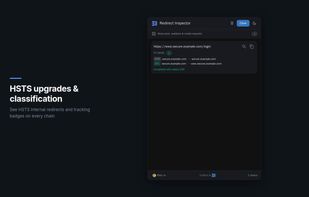 HSTS upgrades detected with classification badges — tracking and normal labels on redirect cards