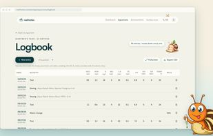 The logbook: every test, dose and water change as one wide, editable table — tap a cell to correct a value, export everything as CSV.
