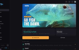 ReefPin home screen with live fishing conditions, fishing spots, fish identification and trip planning for Egypt.