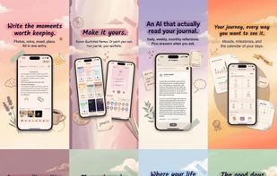 iPhone overview: multimodal entry capture (text, photo, voice, mood, location), 11 illustrated themes with custom palette editor, AI insights (daily to yearly + Ask AI), MBTI inferred from your writing, goal tracking, map of your entries, and On This Day memories.