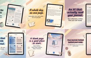 iPad overview: wider timeline canvas with sidebar reading, full-page entry composition, AI insights tuned for the larger screen, MBTI / Lifestyle / People / Happiness insights side by side, and PIN/biometric/password lock.