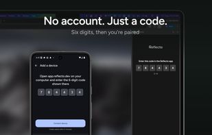 Pairing is a six-digit code entered on both devices. No account, no email, nothing to sign up for.