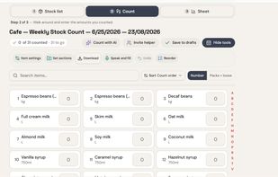 Stocktake: walk the floor and count. Type it, speak it, or let AI fill it — and invite a helper to count alongside you.