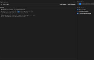 Regex editor with live highlighting, match counts, capture group selection, and matching options.