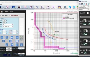 RTC2 Control Panel showing a log-log protection coordination plot with relay and Circuit Breaker curves