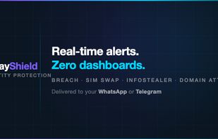 RelayShield identity protection dashboard — real-time breach, SIM swap, infostealer and domain attack alerts via WhatsApp and Telegram.