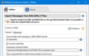 Import Messages from EML/EMLX Files. Imports emails from EML and EMLX files to the specified Outlook folder. It is possible to retain the original folder structure.