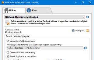 Remove Duplicate Messages. Deletes duplicate emails in selected Outlook folders. It is possible to retain the original folder structure for the safe undo operation.