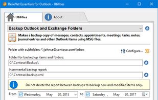Backup Outlook and Exchange Folders. Makes a backup copy of messages, contacts, appointments, meetings, tasks, notes, journal entries and other Outlook items using MSG files.
