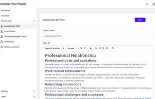 A detailed profile view for one person with personal notes, important details, conversation history, interests, and reminders to help you remember what matters.