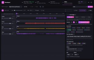 The AI arranger next to a four-stem project: pick an instrument and the tracks it should hear.