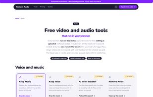 All tools: AI vocal remover, music remover, voice isolator, noise remover, plus video tools