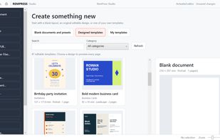 RemPress Studio's start screen, featuring ready-made templates, document creation tools and options to open existing projects or Microsoft Publisher files.

