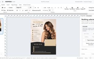 RemPress Studio's desktop publishing editor displaying a professionally designed hair salon leaflet, with editable text, images, page layout controls and document navigation.

