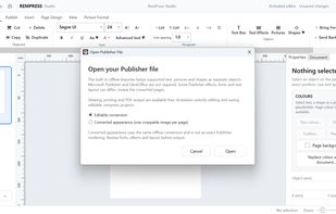 Open supported Microsoft Publisher (.pub) files directly in RemPress Studio without needing Microsoft Publisher installed. View, print or continue editing supported document content.

