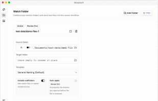 Configure a Watch Folder with Review First and optional Auto Apply for recurring file-renaming workflows.