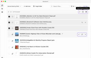 Review original filenames beside AI-generated suggestions before applying a batch rename.