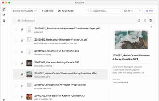 Review original filenames beside AI-generated suggestions before applying a batch rename.