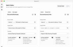 Configure a Watch Folder with Review First and optional Auto Apply for recurring file-renaming workflows.
