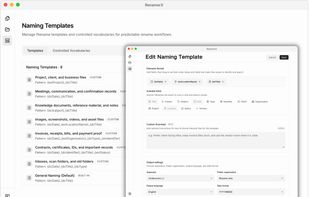 Build a reusable naming template with configurable fields, separators, date formats, output language, and folder organization.