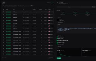 Shows live job progress, logs, machine type, and cost, demonstrating runtime visibility and observability.