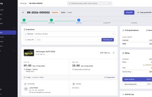 The booking's whole life across the top — Requested, Confirmed, Picked Up, Dropped Off, Completed — with the pickup inspection, the price breakdown and the billing state below it. Nothing is copied into a second file to produce the invoice.

