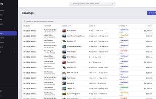 Number, customer, vehicle, dates, status and total in one list — with the channel each booking arrived through underneath it: online, phone or walk-in. Knowing which half of the season came from your own booking page is the first thing a spreadsheet stops telling you.