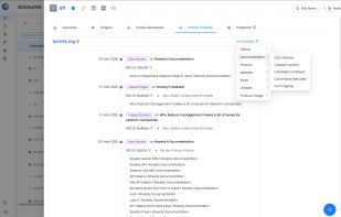 The Activity Timeline gives a detailed chronological view of all interactions happening in an account. Filter activities by source (GitHub, Documentation, Slack, Website, Product Logins, etc) to track developer intent, feature adoption, and research patterns in real-time.