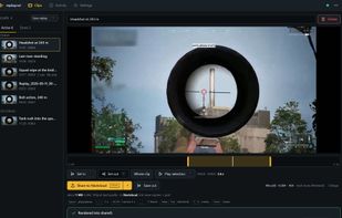 The clips page on the PC: the clip list on the left, the player with the in and out marks and the share row on the right.
