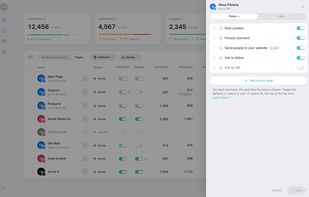 Page Goals: numbered calls to action with separate Posts and Ads tabs; toggle the defaults, reorder them or add a custom goal.