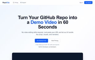 RepoClip landing page — Turn your GitHub repo into a demo video in 60 seconds. 2 free videos per month, no credit card required.