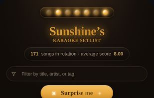 Your whole repertoire in one list, with a running song count and an average score. Filter by title, artist or tag, or open Sort and filter to narrow by genre, favorites, duets, or how well you know a song.