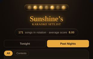 The performance journal records every song you have sung, by date and venue, with the performance type and how each one went. Filter to contests only, and watch a song's scores move over time.
